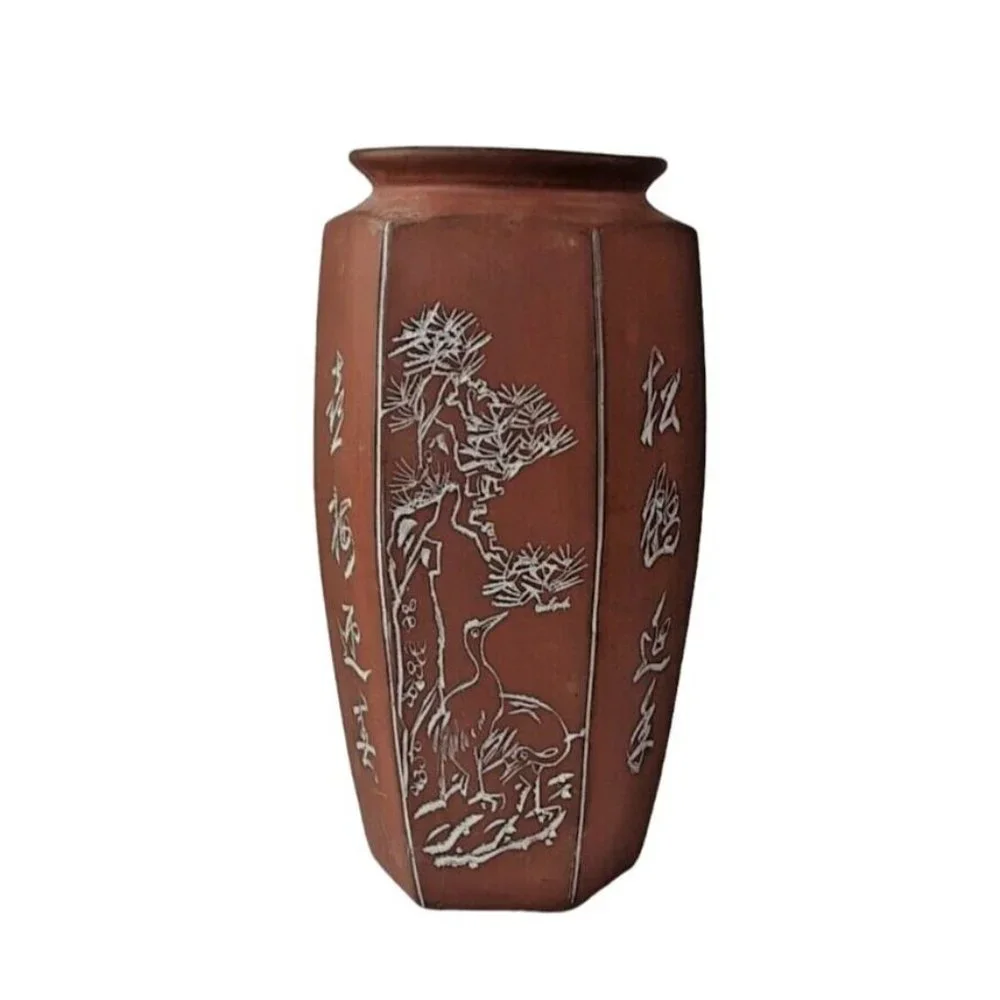 Vintage Handmade Chinese Vase Birds Floral Design Pottery Red Brown Hexagon 8.5
